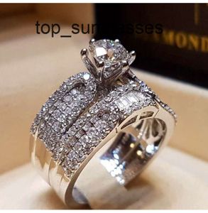 Diamond Ehering Set Fashion 925 Silber weiße Brautringschmuck Versprechen Liebe Verlobungsringe für Frauen