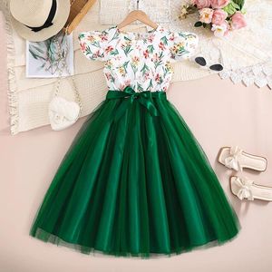 Vestidos de menina Impressão Floral Princess Dress Kids Elegante Slave Flying Lace up