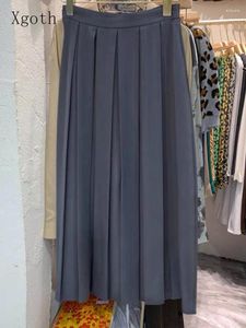 Юбки Xgoth Высокая талия длинная юбка для бедра темперамент базовый цвет кофейный цвет узкий a-line плиссированный самка