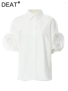 Frauenblusen Mode 3D -Blumenhemd Kurzärmel Revers Solid Farbe Single Breace Cotton Shirts Frühling 2024 Tide 1DH4702