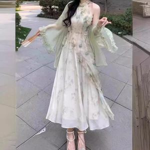 Lässige Kleider Susu Elegant und chinesisches gedrucktes Patchwork unregelmäßig hängende Halskleid Qipao Hellgrüne Strickjacke für