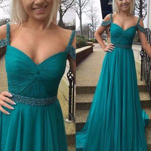 Billiga brudtärna klänningar Dark Turquoise Chiffon Maid of Honor -klänningar Formella veck bröllop Gästklänning A Line Crystals 2019 Sash 253o