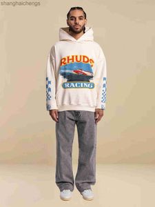 Luxur Counter Top Grade Designer Rhuder Hoodies Yacht Blue White Plaid Street Fashion Autumn Loose Hooded Sweater Mens Coat med logotyp