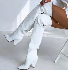 Сапоги est sexy pointed toe на пятке колена белые черные коричневые длинные туфли для вечеринок