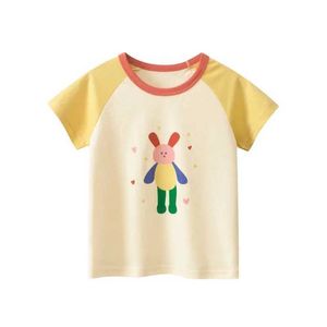 T-shirts 2024 New Girls Summer Top Childrens Clothing T-shirt Cartoon Rabbit Print Short Sleeve Cotton T-shirt Childrens ClothingL2405