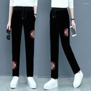 Kadın pantolon Çin tarzı işlemeli kadınlar için kırpılmış ince yüksek belli pantolonlar 2024 İlkbahar yaz vintage düz 5xl 6xl