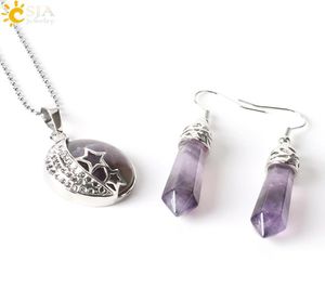 CSJA Bohemian Natural Gem Stone Jewelry Sets Moon Stars Pendant Necklace Hook Dangle Drop Earrings Opal Amethyst Summer Beach Jewe6563467