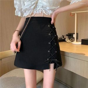 Skirts Streetwear Side Lace Up Mini for Women 2024 Summer Zipper Short Woman Fashion Black Black A Line Shirt Mujer