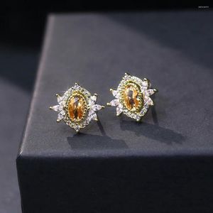 Stud Earrings Two Piece Fashion Exquisite Ellipse Petal Geometry Inlaid Zircon Copper Golden Colour Woman Party Gift Daily