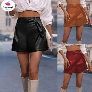 Kvinnors shorts Separqi 2024 Vintage Pu Leather High midja odefinierade DrapTs -byxor Kvinnliga kontorslitage