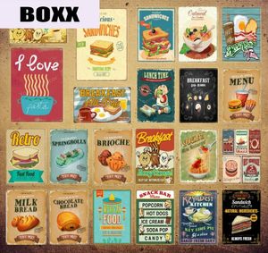 Retro fast food café da manhã almoço poster decoração de cozinha sanduíche leite pão de parede de parede pintando sinais de lata de metal vintage yi1924531910