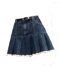 Kjolar sommar kvinnors blå veckad denim mini kjol hög midja vintage mode koreansk hajuku y2k 90s tjej jean a-line