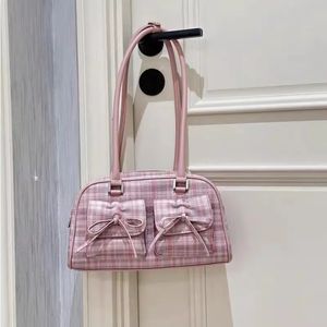 Xiuya Pink Elegant Womens Buds Bag Back Bow Vintage Leather Cute Simbag Crase Sweet Exquisite Armpit 240429