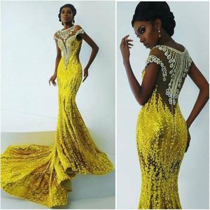 Ljusgul spets sjöjungfruklänningar för Afrika kvinnor 2016 Applique pärlor aftonklänningar svep Train Black Girl Party Dresses 243n