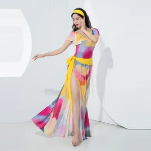 Bühnenbekleidung Belly Dance Kostüm Set für Frauen 2024 Shaabi Baladi Kleidungskleid gedruckt Quasten Hip Schal Robe weibliches Baucher -Outfit