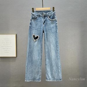 Vår sommarkvinnor wideleg jeans hög midja ihålig ut moppbyxor mode diamant denim byxor kvinnliga kläder 240510