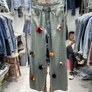 Men's Jeans 2024 Spring New Womens Loose Fit Design Fashion Doll Decoration Trendy Wide Leg Pants Q240509