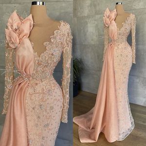 Peach rosa långa ärmar sjöjungfru Kväll formella klänningar glittrande spetspärled illusion aso ebi afrikanska prom klänningar bc10885 2831