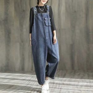Women's Jumpsuits Rompers Denim Jumpsuits for Women Korean Style Rompers Solid Casual Vintage Playsuit Straight Pants Workwear Pocket Design Women Clothes Y240510