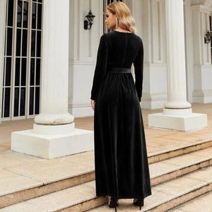 Casual Dresses Long-sleeve Dress Elegant Vintage A-line Maxi With Pleated Golden Velvet Long Sleeve Belted Waist Ankle For Bridesmaid