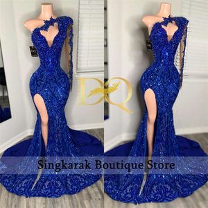 Sparkly Royal Blue Diamonds Mermaid Prom Glitter Sequins Gown Bead Crystal Rhinestones One Sleeve Birthday Party Dress