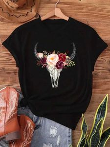 Camiseta feminina y2k slves curtos camiseta de verão arranjo de flores fofo de tourada impressão gráfica T Moda casual Top roupas femininas y240509