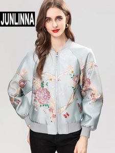 女性用ジャケットJunlinna Autumn Winter Women Jacket Jacquard Fashion O-Neck Lengant Beading Coatカジュアルアウトウェア