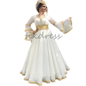 Traditional Kosovo Albanina Evening Dresses 2024 Flare Long Sleeve A Line Formal Arabic Prom Dresses Dubai Abaya Formal Dress Gold Appliques Vestidos De Noite White