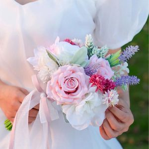 Kwiaty dekoracyjne białe różowy ślub ślubny bukiet sztuczny jedwabny jedwabny druhna dekoracje dekoracje