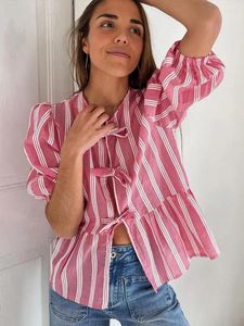 Kvinnors blusar Fashion Stripe Lace Up Shirts For Women 2024 Summer Elegant Cotton O-Neck Blouse Female Street Long Sleeve Lady Chic
