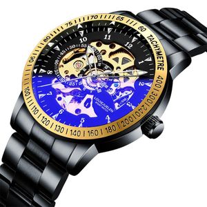 Wristwatches Luxury Men's Skeleton Automatic Watches Black Stainless Steel Men Mechanical Sport Watch Waterproof Male Clock Relogi 236j