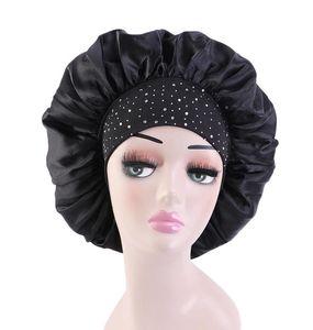 New big Satin elasticity Comfortable Widebrimmed silky rhinestone hair Sleeping Hat bonnets Cap Care Bonnet Night caps For Wome5559759