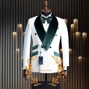 Velvet Mens Suit 2 -stycken Formell bröllop smoking brudgummen jacka byxor vit klassisk design outfit xs5xl kostym 240507