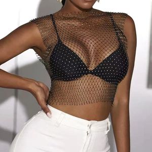 Seksi Fishnet Glitter Crop Top Hollow Out Mesh Sheer Kadınlar Plaj Y2K Camis Cover Club Rave Parti Tank Tops 240507