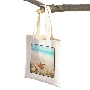 Сумки для покупок Cartoon Beach Sea Star Canvas Women Bag красивые пейзаж складной супермаркет Shopper Tote Sudbag для девочки -леди