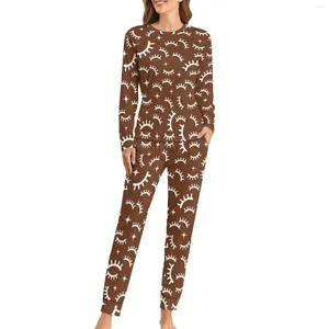 Women's Sleepwear Eyelashes Print Pajamas White And Brown Two Piece Casual Home Suit Female Long Sleeve Fashion Oversized Nightwear