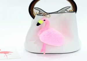 Real Rex Rabbit Fur Pink Flamingo Key Chain Purse Charm Gold Ring y carkey pendant7967808