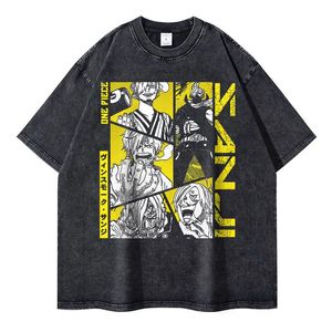 Camisetas de Sanji T Vintage Lavado Anime One Piece Camiseta Harajuku Streetwear Manga Ace Law Jinbe Kid Luffy Tops Tees Men 240509