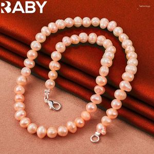 Pendants URBABY 925 Sterling Silver Purple / Pink White 7-8mm Artificial Pearls Necklace For Women Lady Chain Fashion Jewelry