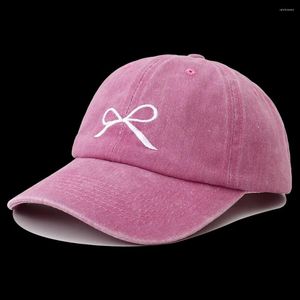 Top kapaklar tatlı bowknot nakış beyzbol kızları pembe retro yıkanmış pamuklu snapback kapak kadınlar için açık güneş koruma baba şapka