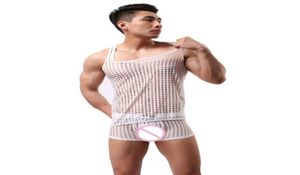 Men039s Sweetwear Seksi Kostümler Erkek İçi Boş Fishnet Yeleği Nefes Alabilir Kafes İç çamaşırı Set Şeffaf Erkek Pijama Suit6708456