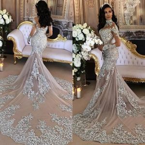 2018 Luxurious Evening Dresses Wear High Neck Sheer Long Sleeves Lace Appliques Crystal Beaded Court Train Prom Gowns Plus Size Party D 278Z