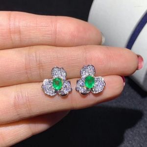 Stud Earrings Elegant Lovely Clover Natural Green Emerald Gemstone 925 Silver Women Girl Party Gift Jewelry