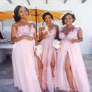2019 Billiga rosa brudtärklänningar Långt för bröllop Chiffon Cap ärmar Illusion Lace Appliques SIDA SPLIT GOLV LÄND Längd Maid of Honor 2317