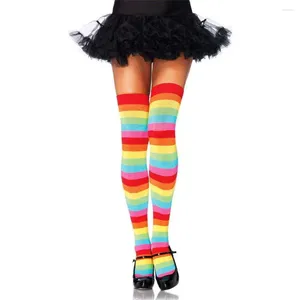 Skarpetki dla kobiet Piękny poliester na kolanach Rainbow Kolorowe wysokie, ciasne długie pończochy paski