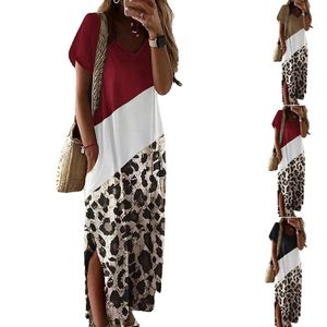 The New Fashion Fashion Leopard Print Side Risling Slit T-Shirt T-Shirt Long Bress Bratch Black and Whote Round Drick Dress Dressly Dressly Charm AST89139