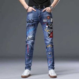 Men's Jeans New straight graffiti jeans mens pants spring and summer boyfriends ultra-thin street clothing tight zippers blue cactus long denim Trousers Q240509