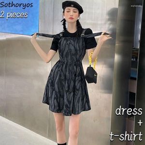 Work Dresses Mini Sets Women Personality Design Sweet Sexy Print T-shirts Leisure Streetwear Summer Folds Korean Style Ladies