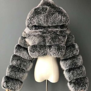 Autumn Furry Cropped Faux Fur Casates Jackets Mulheres macias de casaco macio com capuz de casaco de pele de inverno curto