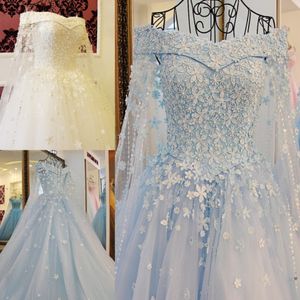 2022 Blue Off The Shoulder Wedding Dresses with Detachable Cape Beaded Pearls Applique Elegant Lace-up Back Bridal Wedding Gowns Real P 239W